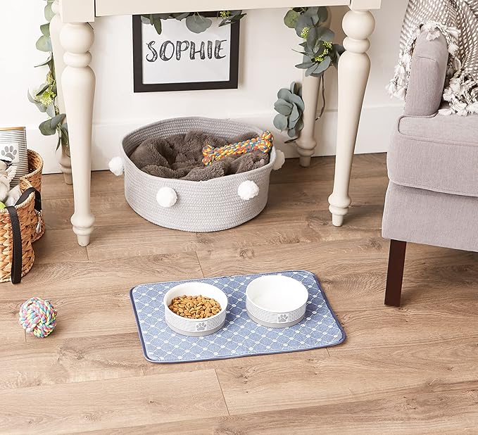 Bone Dry Machine Washable, Ultra Absorbent Pet Mat, 12x18, Stonewash Blue Trellis Print