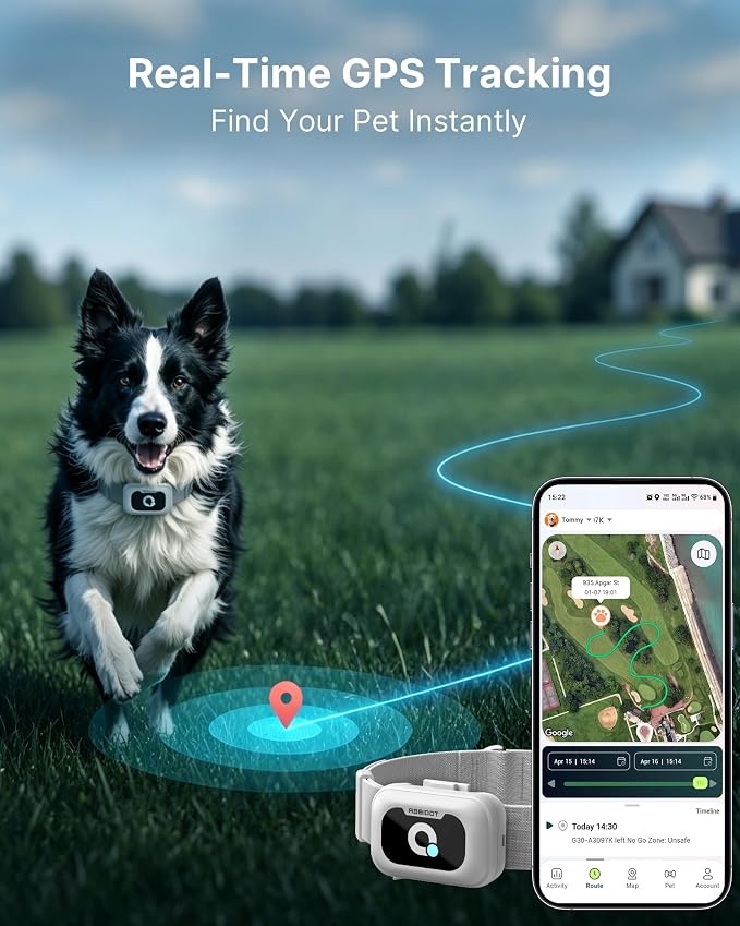 ABBIDOT GPS Dog Tracker - Real-Time Pet Tracker with Virtual Fence, Activity Monitor, Location History, Health Monitor, 3-Mode Light, Waterproof & Rechargeable GPS Tracker for Dogs with APP Support