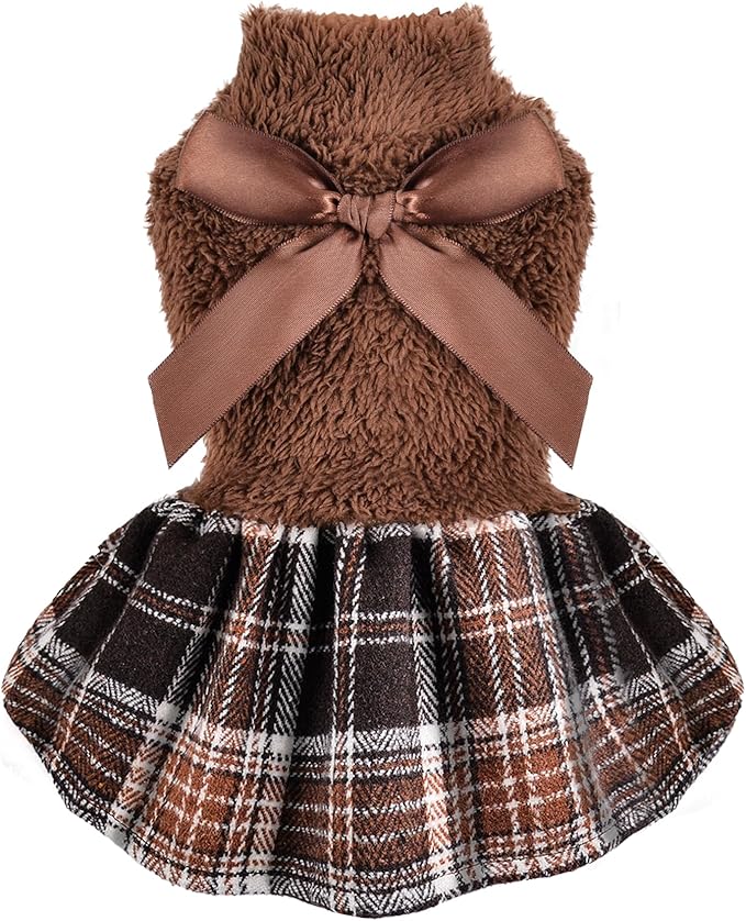 Yikeyo Dog Sweater Dress,Dog Dress Clothes Dresses for Small Dogs Girl Winter Fall Flannel Warm Pet Puppy Cat Tutu Princess Plaid Female Sweater (Medium, Brown)