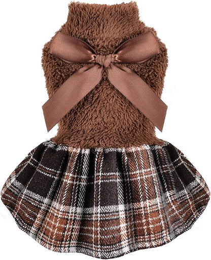 Yikeyo Dog Sweater Dress,Dog Dress Clothes Dresses for Small Dogs Girl Winter Fall Flannel Warm Pet Puppy Cat Tutu Princess Plaid Female Sweater (Medium, Brown)