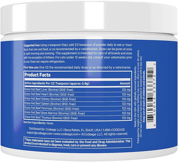 DNA PET Happy Healthy Organs & Glands Supplement For Cats, Freeze-Dried Raw Bovine Liver Grass-Fed Bone Marrow Heart Kidney Pancreas, Bovine Thymus Iron Multi Organ Powder, Joints Cat Vitamins 1.48 oz