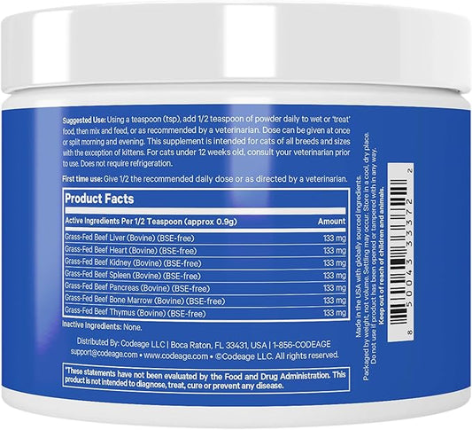 DNA PET Happy Healthy Organs & Glands Supplement For Cats, Freeze-Dried Raw Bovine Liver Grass-Fed Bone Marrow Heart Kidney Pancreas, Bovine Thymus Iron Multi Organ Powder, Joints Cat Vitamins 1.48 oz