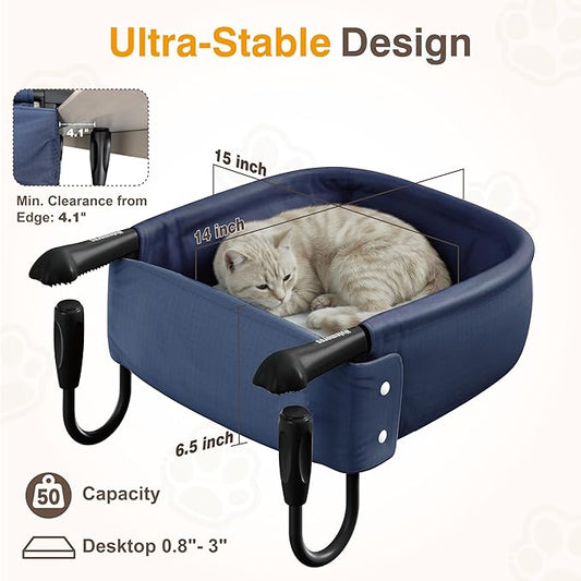 Cat Desk Bed for Large Cats 50 lbs Heavy Duty Cat Bed for Desk Attachment with Paw Design Extra-Sturdy Dog Chair Dual-Sided Mat Waterproof Easy Assembly for Gaming Desk Kitchen Island Blue
