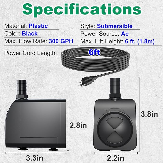 300GPH Submersible Water Pump 5.2ft High Lift for Fountains | Ultra-Quiet with Over Heating Protection, Perfect for Hydroponic, Small Pond, Aquarium, Fountain Outdoor