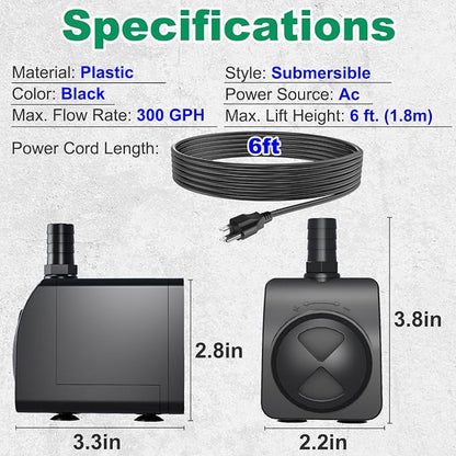 300GPH Submersible Water Pump 5.2ft High Lift for Fountains | Ultra-Quiet with Over Heating Protection, Perfect for Hydroponic, Small Pond, Aquarium, Fountain Outdoor