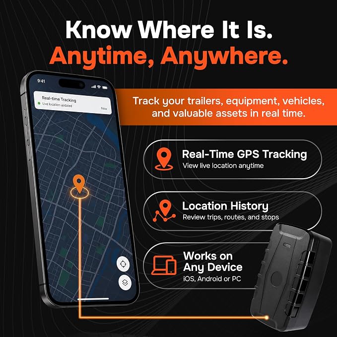 GPS Tracker for Vehicles, No Subscription, No Monthly Fee | Up to 1-Year Battery, IP67, Real-Time Location, Speeding Monitoring, Route History, Geofence