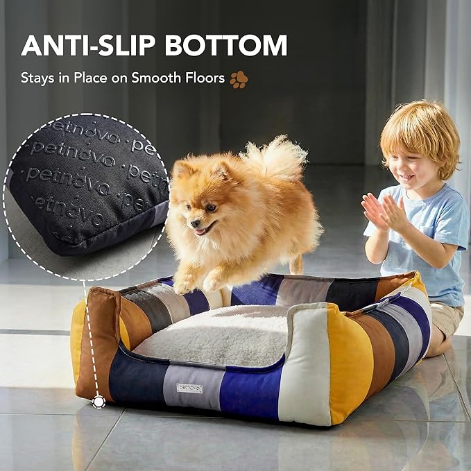PETNOVO Large Dog Bed with Washable Removable Cover, Reversible All-Season Cushion, Non-Slip Base, Rainbow Pattern, Eco Gift Box, 29.5 × 21.7 × 7.9 in