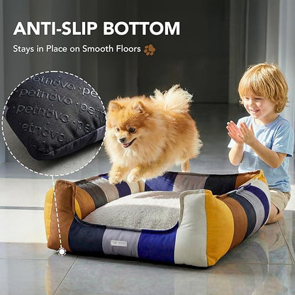 PETNOVO Large Dog Bed with Washable Removable Cover, Reversible All-Season Cushion, Non-Slip Base, Rainbow Pattern, Eco Gift Box, 29.5 × 21.7 × 7.9 in