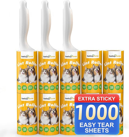 Extra Sticky Lint Roller for Pet Hair, 1000 Sheets, 3 Handles | Bulk Value Pack for Clothes, Couch, Furniture, Car & Pet Beds