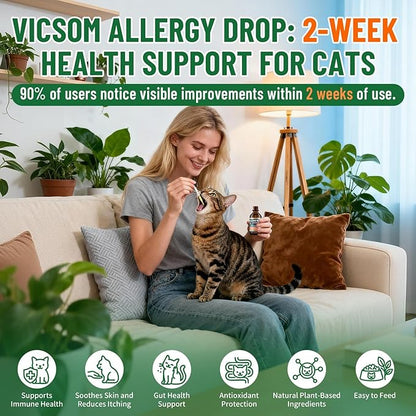 Cat Allergy Relief for Cats, Seasonal Skin Allergy Relief for Cats Itchy Skin, Paws, Eyes, Ears, Stop Licking & Scratching, Calms Dry Skin, Matted and Shedding Fur, Cat Immune Support, 60ml