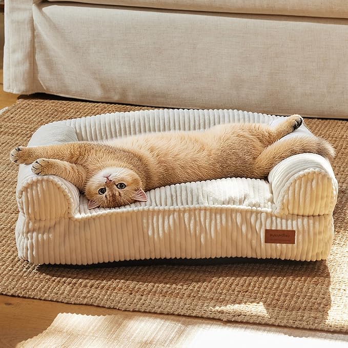 FUKUMARU Dog Couch Bed, Corduroy Cozy Cat Bed for Indoor Cats with Washable Cover, 28in Waterproof Orthopedic Dog Beds Sofa for Small Dogs and Large Cats, Cute Warm Cotton Pet Sofa, Cream