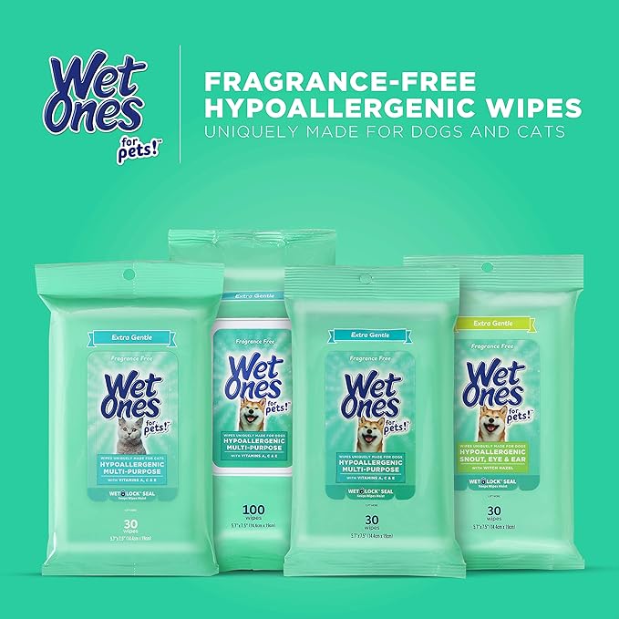 Wet Ones for Pets Hypoallergenic Multipurpose Dog Wipes with Vitamins A, C & E - No Fragrance Pet Wipes for Dogs with Wet Lock Seal, 100 Count - 12 Pack
