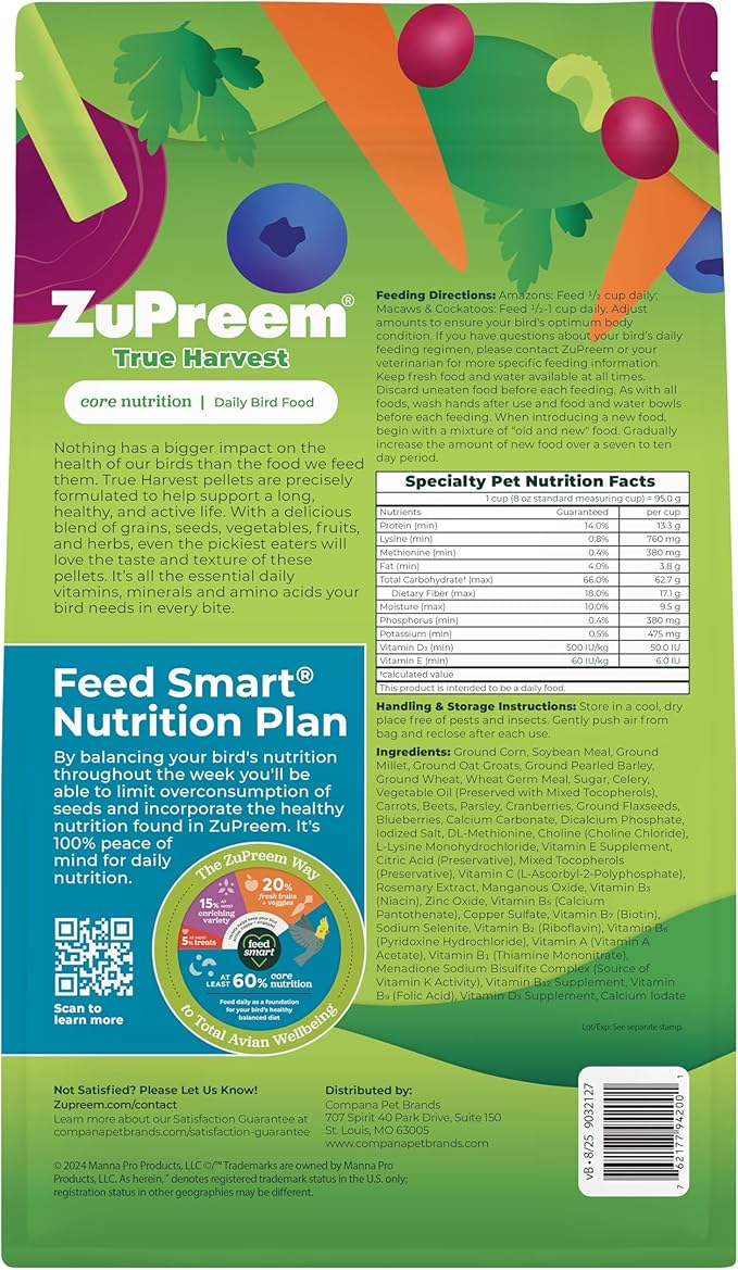 ZuPreem Natural Bird Food, Bird Feed Pellets for Amazons, Cockatoos & Macaws, ZuPreem Core Nutrition, Made in USA, Added Vitamins, Cockatoo Food, Macaw Feed, (Large, 3 lb Bag)