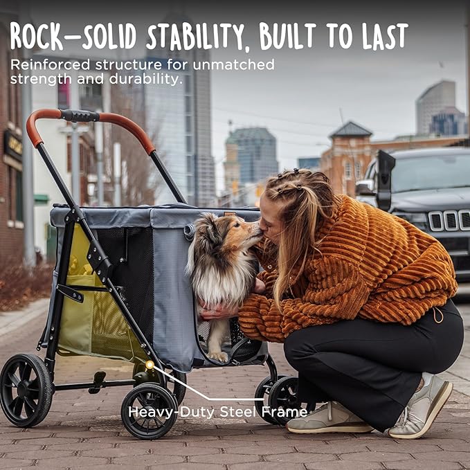 CANINE CANYON Scout Pet Stroller, Heavy Duty Dog Stroller for Small & Medium Dogs, Foldable Pet Stroller with All-Terrain Wheels, Breathable Mesh, Storage Pocket & Cup Holder, 55 lbs Capacity, Grey