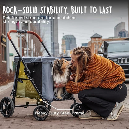 CANINE CANYON Scout Pet Stroller, Heavy Duty Dog Stroller for Small & Medium Dogs, Foldable Pet Stroller with All-Terrain Wheels, Breathable Mesh, Storage Pocket & Cup Holder, 55 lbs Capacity, Grey