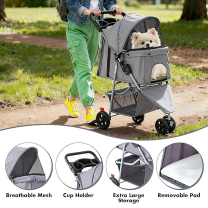 3 Wheel Pet Stroller for Dogs and Cats, Foldable, Lightweight and Durable, Ideal for Small to Medium Pets, Includes Storage Basket and Cup Holders