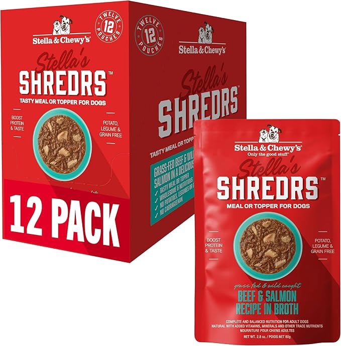 Stella & Chewy's Grass Fed Beef & Wild Caught Salmon Shredrs - Premium Dog Food Pouches - Perfect for Picky Eaters- 12 Pack, 2.8oz Each