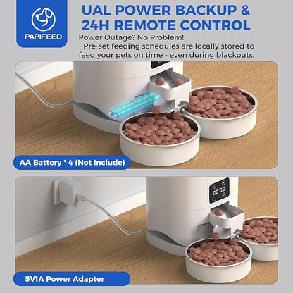 PAPIFEED Automatic Cat Feeder 2 Cats, 2.4G WiFi Cat Food Dispenser with App Control, 7L Slow Feed Timed Cat Feeders for Dry Food, 10 Meals/Day, 12 Portions/Meal, Dual Power Supply, White
