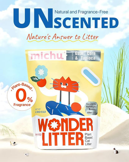 Michu Wonder Cat Litter, Cassava Plant-Based Cat Litter, Automatic Litter Box Friendly, Flushable & Fast Clumping, Low Dust Odor Control, 5.5lb/88oz - Unscented 3 Pack