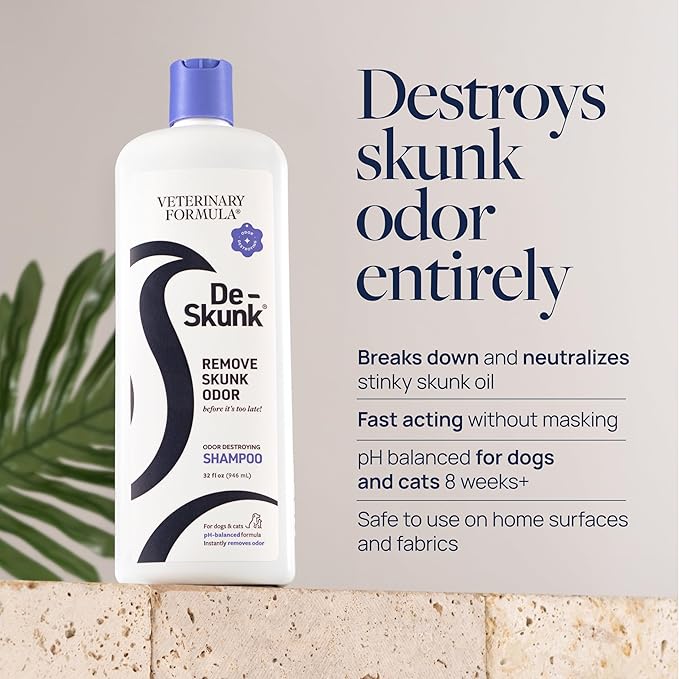 De-Skunk Odor Destroying Shampoo for Dogs, 32 oz. – Formulated with Powerful De-Greasers, Skunk Odor Remover for Pets, Carpet, Furniture and More – Removes Skunk Smell Fast
