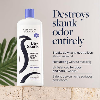 De-Skunk Odor Destroying Shampoo for Dogs, 32 oz. – Formulated with Powerful De-Greasers, Skunk Odor Remover for Pets, Carpet, Furniture and More – Removes Skunk Smell Fast
