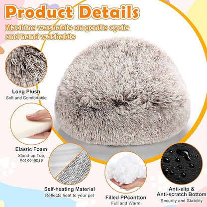 Cinnvoice 2 Pcs Self Warming Cat Beds with Hood, Self Heating Dog Cave Bed, Fluffy Round Covered Pet Pad, Plush Hooded Pet Beds with Non-Slip Bottom for Indoor Cat or Small Middle Dog(Coffee,24 in)