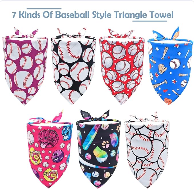 7 PCS Baseball Dog Bandanas for Small Dogs Stitching Edge Dog Bandana for Puppy Doggy Print One Side Scarves Game Day Grooming S