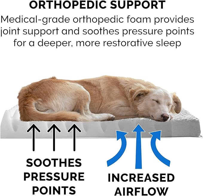 FurHaven Orthopedic Dog Bed for Large Dogs, Mattress Style Bed, Orthopedic Egg Crate with a solid Orthopedic Foam Base for Joint Support, Washable Cover, Large, Plush Faux Fur & Suede, Gray