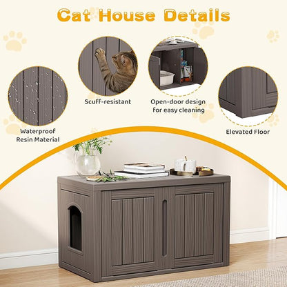Cat Litter Box Enclosure, Multi-Functional Hidden Enclosed Litter Box Furniture with Adjustable Partition, Indoor Outdoor Cat House Weatherproof, Side Table, Easy to Clean & Assemble, Grey