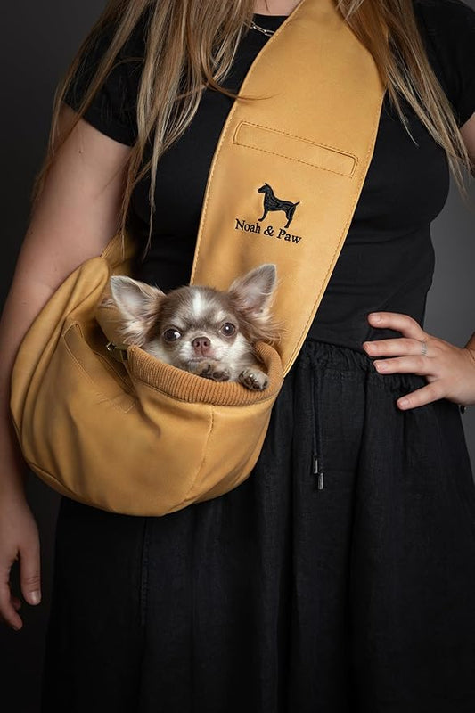 Noah & Paw Dog Sling Carrier for Small Dogs 3-10lb, Dog Sling for Small Dogs and Cats, Dog Carrier with Adjustable Padded Strap, Vegan Leather Lined with Fur, 3X Safety Features, Machine Washable