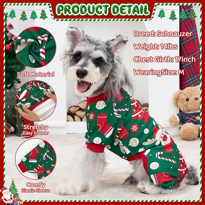 XPUDAC Christmas Dog Pajamas Dog Clothes for Small Medium Dogs Boy Girl Cute Holiday Puppy Outfit Pjs Bodysuit for Doggie Onesies Cat Apparel, Red, Green, 2XL