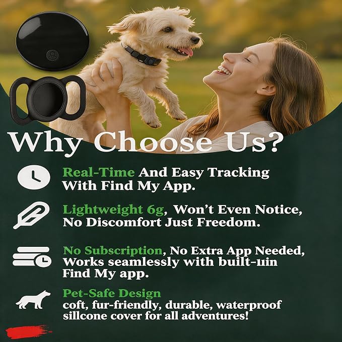 GPS Tracker for Dogs & Cats, No Monthly Fee, No SIM Card, Real-Time Positioning & Smart Anti-Lost Alerts,Mini Waterproof Drop-Proof Pet Tracker,Long Battery Life,for iOS Find My【Apple MFi Certified】 ﻿