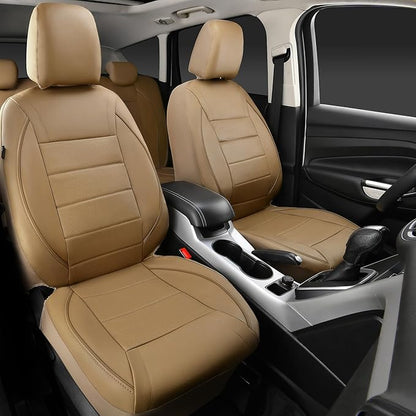 CAR PASS Piping Leather Seat Cover,Universal FIT with Composite Sponge Inside,Airbag Compatible and Reserved Opening Holes,Inside zipper for Cars,Sedan,SUV,Truck(Full Set,Beige with Tan Piping-Stripe)