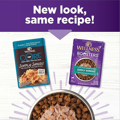 Wellness Bowl Boosters Simply Shreds Wet Dog Food Topper for Small, Medium, & Large Breeds, Grain Free, Natural, Tuna, Beef & Carrots, 2.8 Ounce Pouch (Pack of 12)