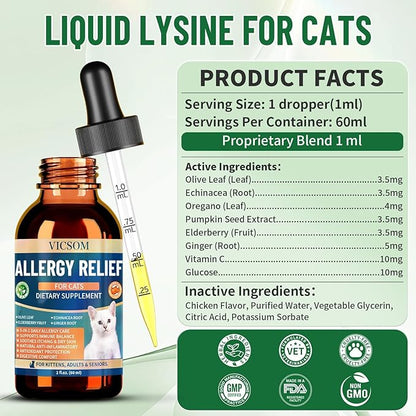 Cat Allergy Relief for Cats, Seasonal Skin Allergy Relief for Cats Itchy Skin, Paws, Eyes, Ears, Stop Licking & Scratching, Calms Dry Skin, Matted and Shedding Fur, Cat Immune Support, 60ml