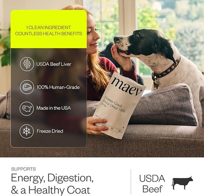 Maev Human-Grade Freeze Dried Raw Beef Liver Treats | 100% USDA Certified Single-Ingredient | Healthy, Human-Grade Dog Snacks | Perfect for Training & Sensitive Diets (Pack of 2)