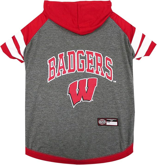 NCAA Wisconsin Badgers Hoodie for Dogs & Cats, Large Collegiate Licensed Dog Hoody Tee Shirt. Sports Hoody T-Shirt for Pets. College Sporty Dog Hoodie Shirt.
