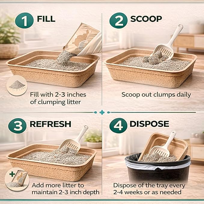 Disposable Cat Litter Box 6 Pack – Eco-Friendly Kitty Litter Box, 100% Biodegradable Paper Pulp, Leak-Proof Disposable Travel Litter Boxes for Cats, Cat Tray 18"x13"x4"