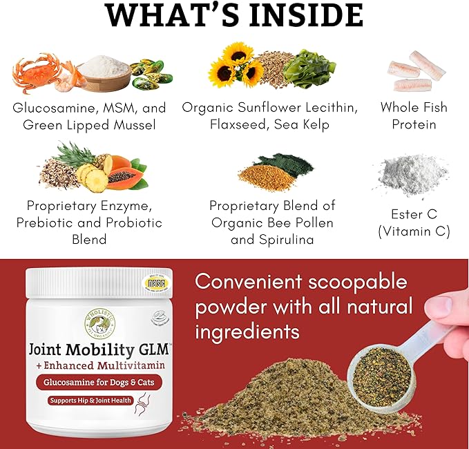Wholistic Pet Organics - Hip and Joint Supplement for Dogs & Cats - Cat & Dog Joint Supplement - Green Lipped Mussels, Glucosamine, Chondroitin for Dogs & Cat Mobility Support - 2 Lb - 90 Scoops
