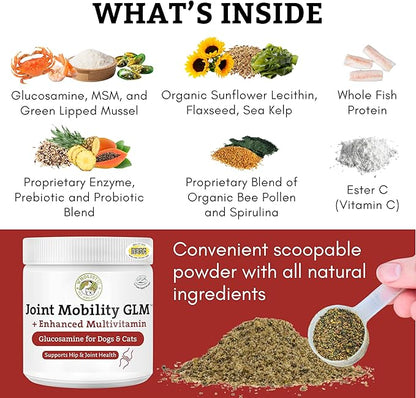 Wholistic Pet Organics - Hip and Joint Supplement for Dogs & Cats - Cat & Dog Joint Supplement - Green Lipped Mussels, Glucosamine, Chondroitin for Dogs & Cat Mobility Support - 1 Lb - 45 Scoops