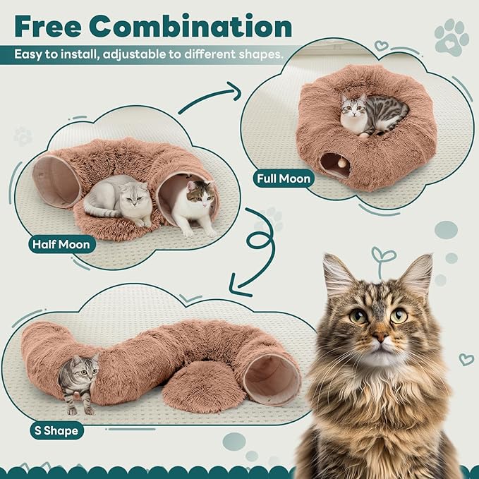 DUMOS Cat Tunnel Bed for Indoor Cats Cave Donut Play Tunnel with Soft Plush Peekaboo, Circle Cushion, Washable Multifunctional Playground Under Tree Pet Toys for Kittens, Puppy Rabbit, Ferret, Brown
