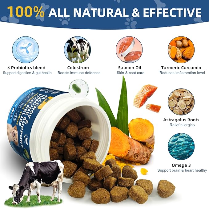 Dogs Allergy & Itch Relief Chews, Dog Probiotics for Skin & Immune Support Helps Relieve Itchy Skin & Ear, Dog Allergy Supplement for Paw Licking, Itching Skin Relief with Colostrum, Fish Oil (Tan)