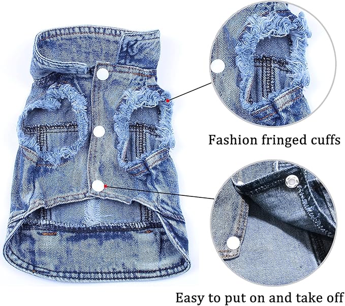 Jean Jacket, Blue Denim Lapel Vest Coat T-Shirt Costume for Small Medium Dogs Cats, Cute Girl Boy Puppy Clothes, Comfort and Cool Apparel, Machine Washable Outfits (XXL, Blue)