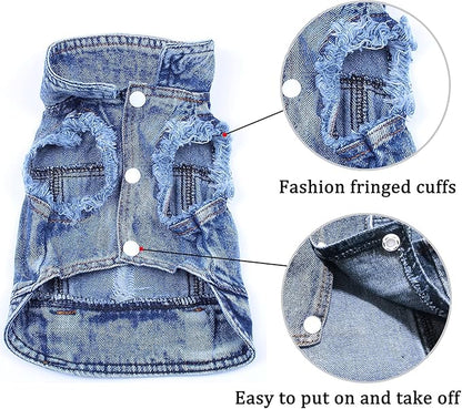 Dog Jean Jacket, Blue Denim Lapel Vest Coat T-Shirt Costume, Cute Girl Boy Puppy Clothes, Comfort and Cool Apparel, for Small Medium Dogs Cats, Machine Washable Dog Outfits (XS, Blue)
