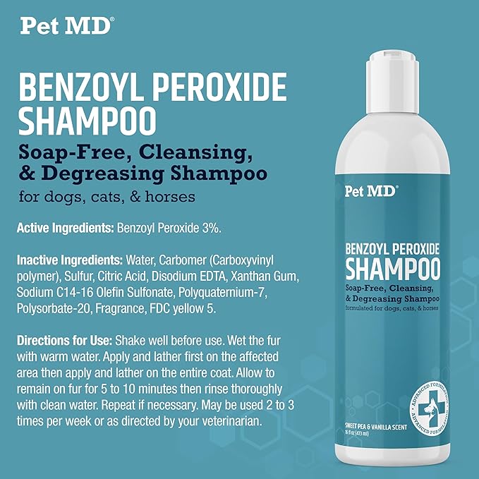 Pet MD Benzoyl Peroxide Shampoo for Dogs and Cats – Helps Relieve Itchy, Oily & Flaky Skin – Deep Cleansing & Deodorizing Formula – Scented – 12 oz