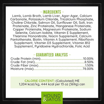 Hound & Gatos Wet Dog Food, 98% Real Meat, Single Protein Lamb Recipe, Supports Digestive Health, High Protein, Limited Ingredients, Grain Free, 13 oz. Cans (Pack of 12)