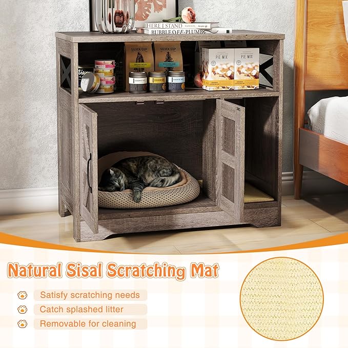 PETSITE Farmhouse Cat Litter Box Enclosure, Hidden Litter Box Enclosure Furniture with Open Storage Compartment, and Sisal Scratching Pad, Grey-Brown
