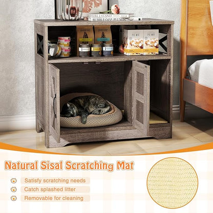 PETSITE Farmhouse Cat Litter Box Enclosure, Hidden Litter Box Enclosure Furniture with Open Storage Compartment, and Sisal Scratching Pad, Grey-Brown