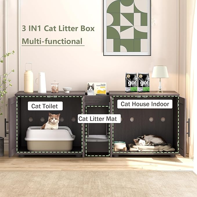 Cat Litter Box Enclosure Furniture for 2 Cats, 55" Large Hiddden Cat Litter Box Enclosure Furniture 3-IN-1 Wooden Cat Litter Cabinet with Barn Door & Double Rooms for Bedroom Living Room, Walnut