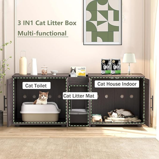 Cat Litter Box Enclosure Furniture for 2 Cats, 55" Large Hiddden Cat Litter Box Enclosure Furniture 3-IN-1 Wooden Cat Litter Cabinet with Barn Door & Double Rooms for Bedroom Living Room, Walnut